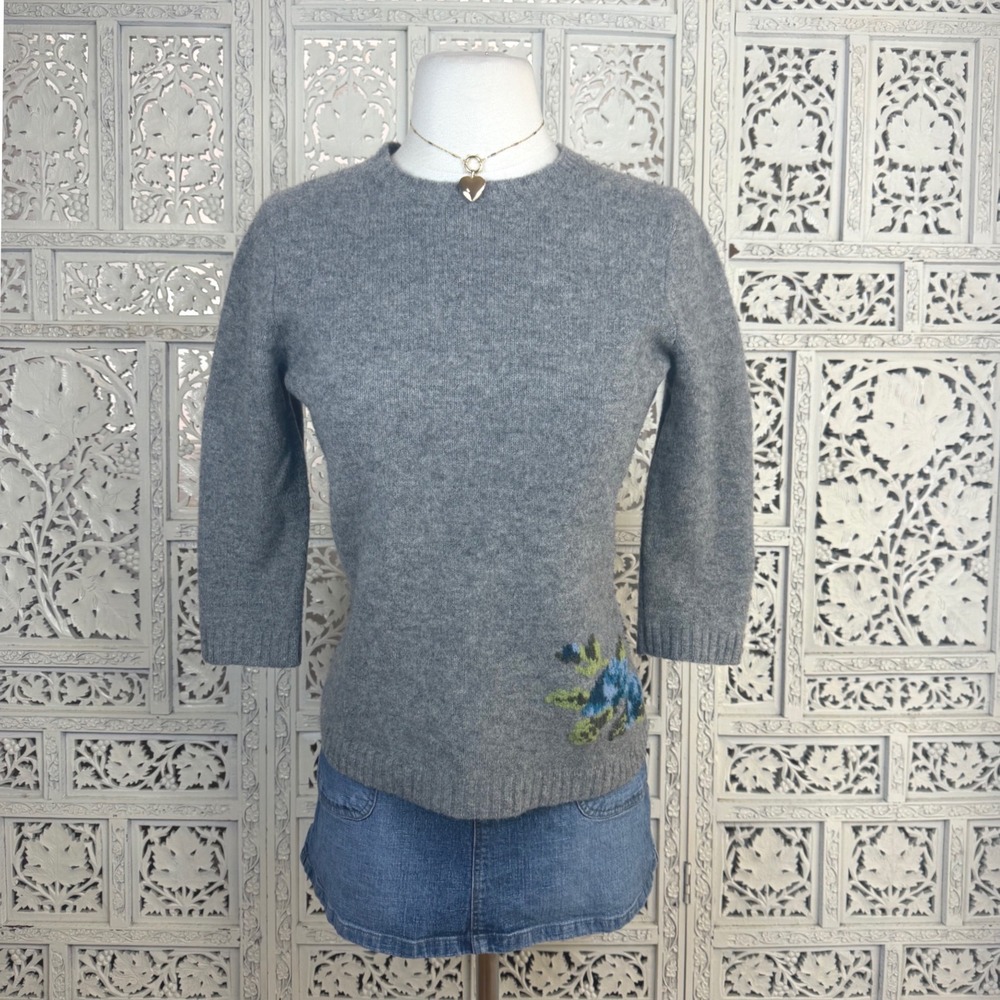 Vtg GAP Gray Lambswool Blend Sweater Sz S Granny Cottage Floral Y2K Crewneck‎